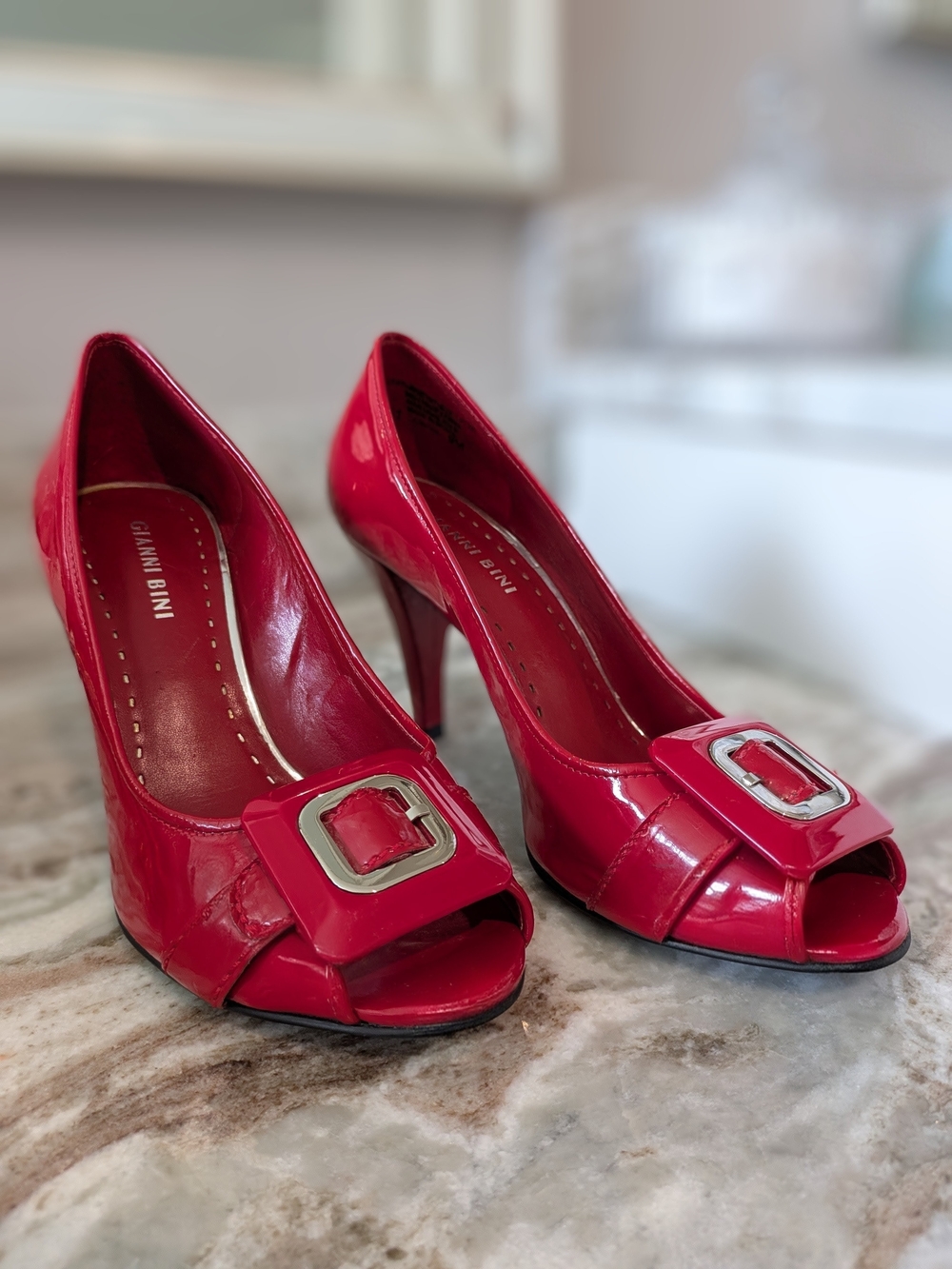Gianni Bini Red Patent Peep-Toe Heels with Buckle